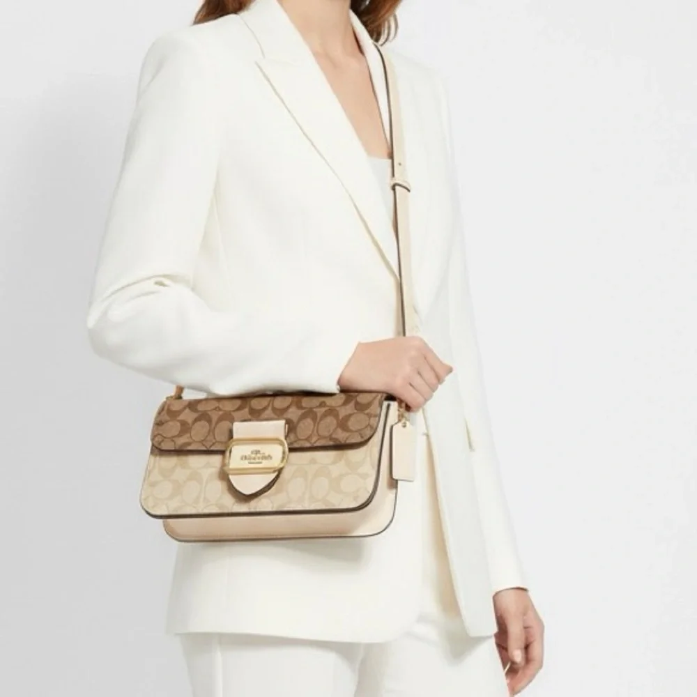 Coach Morgan Crossbody Shoulder Bag Blocked Signature Canvas Gold/Light Khaki